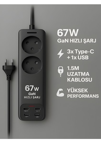 67W Gan Hızlı Şarjlı Kablolu Priz – 3x Type-C + 1x USB + 2'li Priz | 1.5m Uzatma Kablosu – Siyah fiyatları