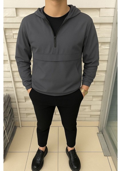 Erkek Fermuarlı Astarsız Kanguru Cep Füme Yağmurluk