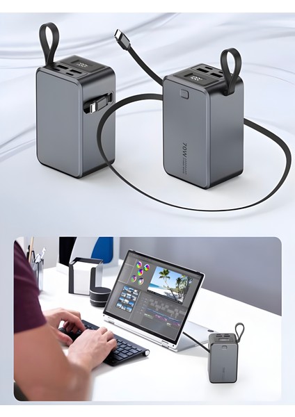 20000MAH 70W Hızlı Şarj Powerbank | LCD Ekran | 2x USB + 2x Type-C | Type-C Kablolu Çıkışlı fırsatları