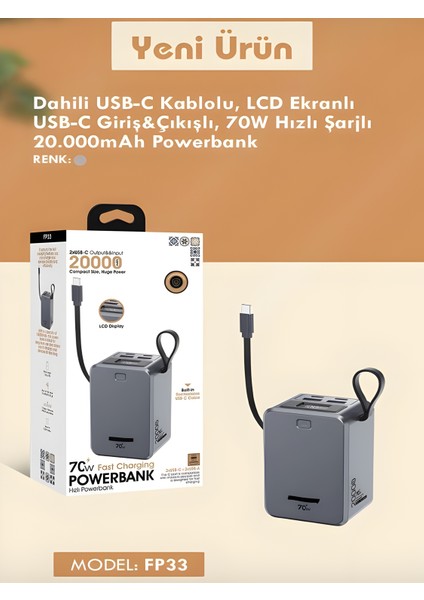 20000MAH 70W Hızlı Şarj Powerbank | LCD Ekran | 2x USB + 2x Type-C | Type-C Kablolu Çıkışlı indirimleri