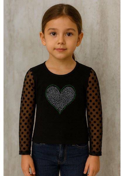 Kız Çocuk Kolları Puantiyeli Sweat