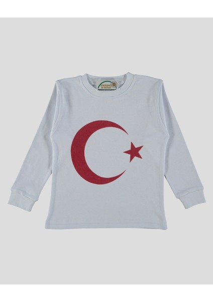 Ay Yıldız Baskılı Uzun Kollu Bisiklet Yaka Unısex Tişört modelleri