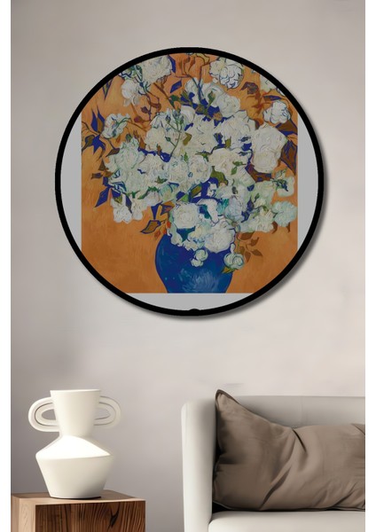 Çerçeve Görünümlü Van Gogh Güller Ahşap Mdf Dekoratif Ev Duvar Tablo Yuvarlak Ev Duvar Tablo