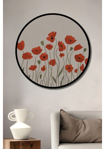 Çerçeve Görünümlü Gelincik Çiçeği Ahşap Mdf Dekoratif Ev Duvar Tablo Yuvarlak Ev Duvar Tablo