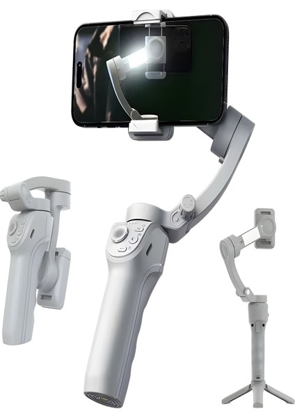 360° Akıllı Yüz Takipli Tripodlu Selfie Gimbal | Otomatik Döner Telefon Tutucu, Gri