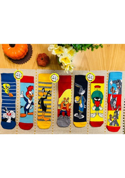 Al Bi 90Lık 7'li Çizgi Film Desenli Renkli Soket Çorap