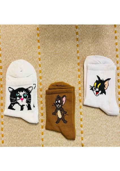 3'lü Set Tom&jerry ve Yavru Kedi Temalı Kolej Çorap