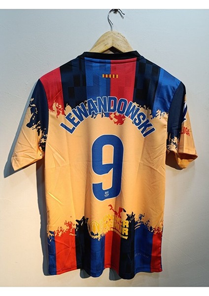 Barcelona Lewandowski 9 Özel Tasarım Sarı Çok Renk Yetişkin Futbol Forma