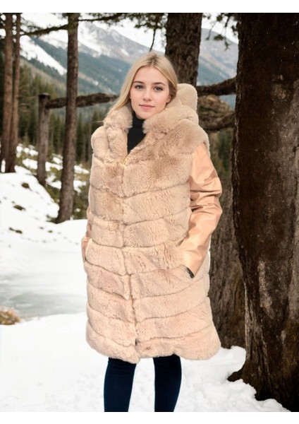 Kadın Suni Kürk Hakiki Deri - Somon