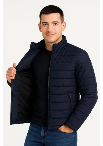 Erkek Bomber Mont Ceket - Su Itici Kumaş, Kapitone Astarlı, Fermuarlı, Kışlık - Lacivert