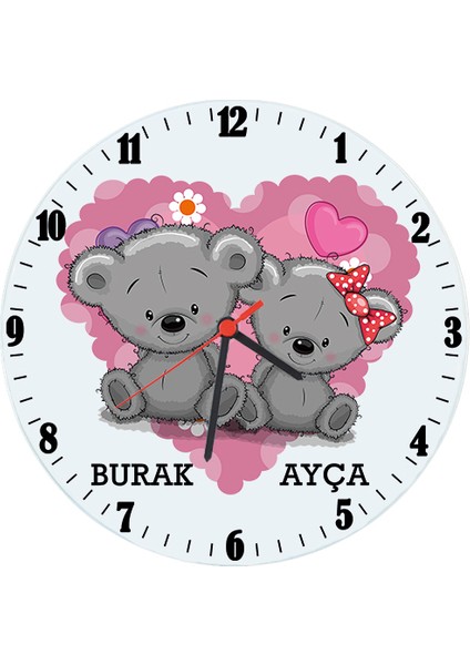 Sevgili Ayıcıklar Cam Duvar Saati - Sevgililer Günü Hediyesi
