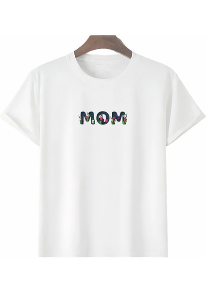 Anneler Gününe Özel Tasarım Mom Çiçek Baskılı T-Shirt - Beyaz