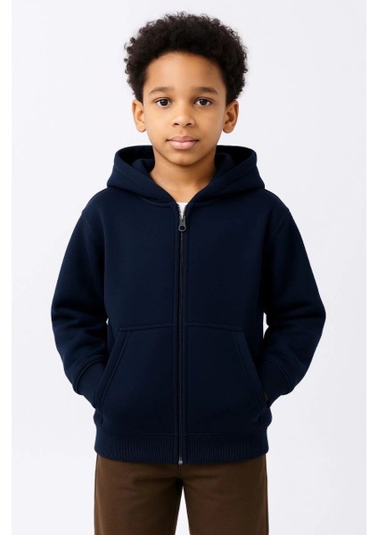 Erkek Çocuk Kapüşonlu Kanguru Çepli Tam Fermuarlı Hırka Sweatshirt - Lacivert fiyatları