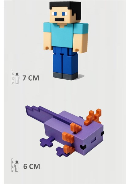 Minecraft Steve ve Mor Aksolotl Axolotl Set Hareketli Eklemli Figür