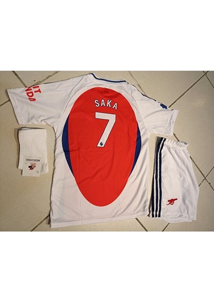 Arsenal 2024/25 Saka 7 Kırmızı Beyaz Çocuk Futbol Forma 3 Lü Set. Forma+Şort+Çorap