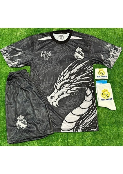 Real Madrid 2026 #cr7 Ronaldo Siyah Dragon Yılan Desenli Yeni Sezon Çocuk Forması 4’lü Set modelleri