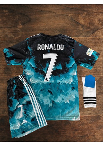 Cr7 Mavi Dalga Desenli Ronaldo Çocuk Forması 3 Lü Set