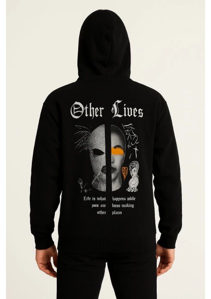 Erkek Kapşonlu Sweatshirt 'other Lives' Ön & Arka Baskılı - Siyah