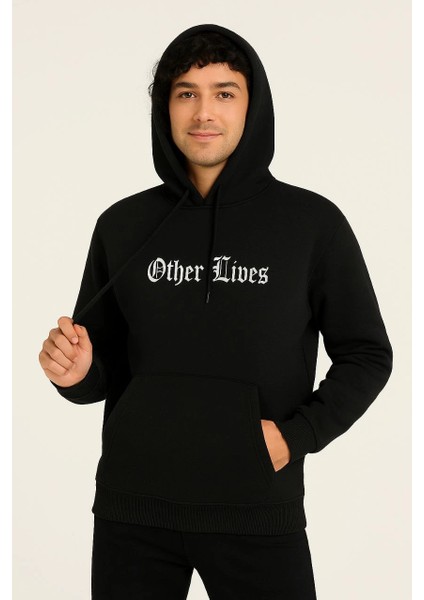 Erkek Kapşonlu Sweatshirt 'other Lives' Ön & Arka Baskılı - Siyah modelleri
