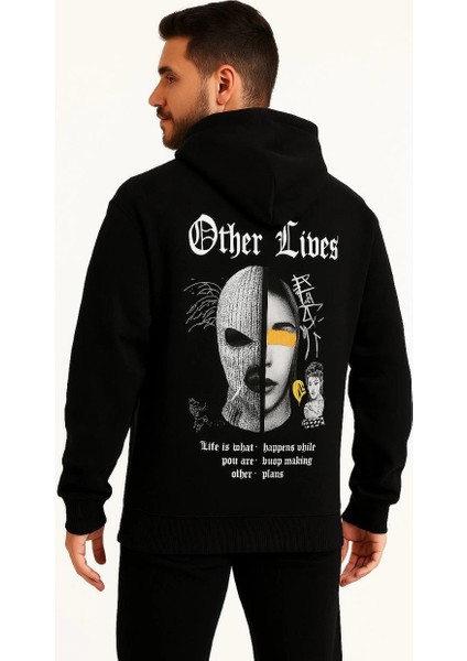 Erkek Kapşonlu Sweatshirt 'other Lives' Ön & Arka Baskılı - Siyah fırsatları