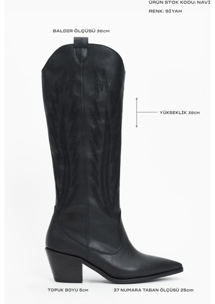 Navi Siyah Mat Sivri Burun Nakış Detay Kalın Topuklu Kadın Çizme modelleri