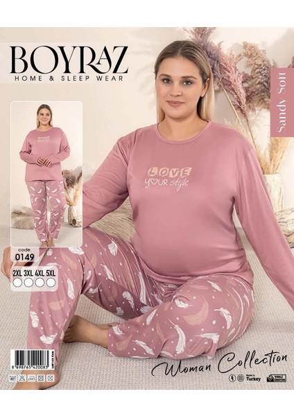 Pembe Desenli Büyük Beden Uzun Kol Kadın Pijama Takımı