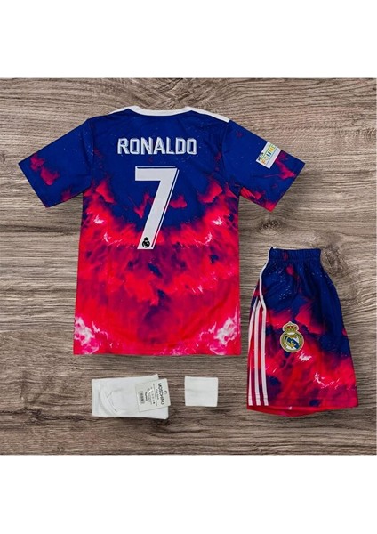 Real Madrid Ronaldo Özel Tasarım Mor Dalgalı Çocuk Forması 4lü Set