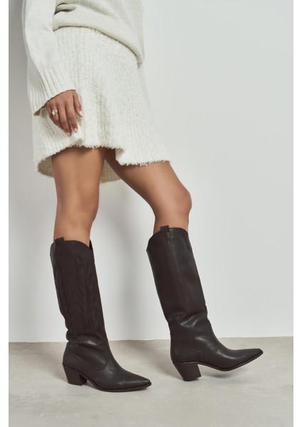 Navi Kahve Mat Sivri Burun Nakış Detay Kalın Topuklu Kadın Çizme