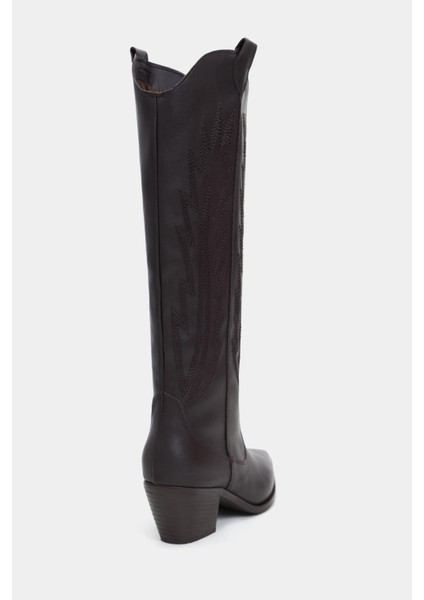 Navi Kahve Mat Sivri Burun Nakış Detay Kalın Topuklu Kadın Çizme indirimleri