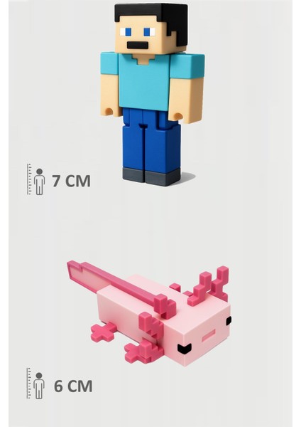 Minecraft Steve ve Pembe Aksolotl Axolotl Set Hareketli Eklemli Figür