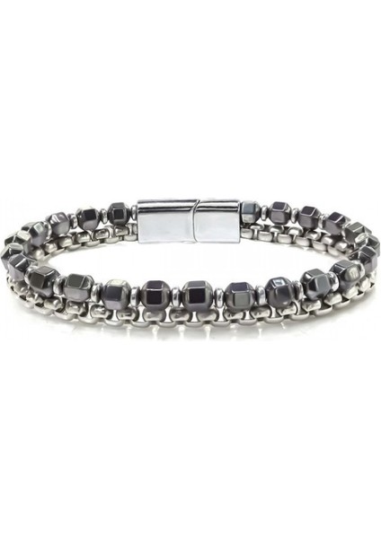 Elmas Kesim Hematit ve Çelik Zincir Bileklik 31682B21D1