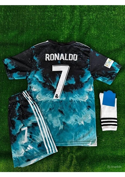 R.madrid Ronaldo Mavi Dalgalı Çocuk Forması Takım Bıleklik Çorap 4 Lü Set modelleri