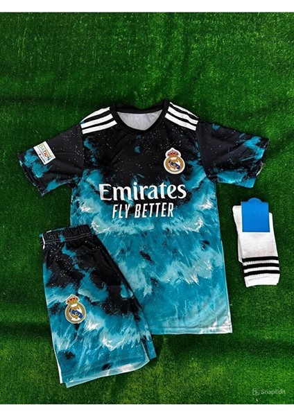 R.madrid Ronaldo Mavi Dalgalı Çocuk Forması Takım Bıleklik Çorap 4 Lü Set fırsatları