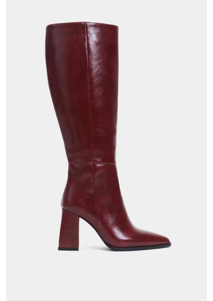 Jules Bordo Raşel Rustik Desen Fermuar Detay Kadın Topuklu Çizme