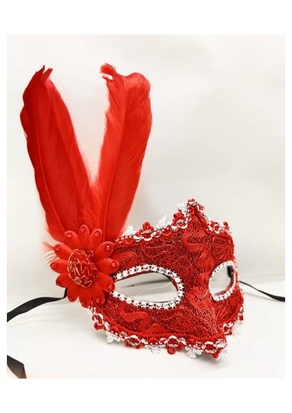 Kırmızı Renk Tüylü Dantelli Gözleri Taşlı Balo Parti Maskesi fırsatları