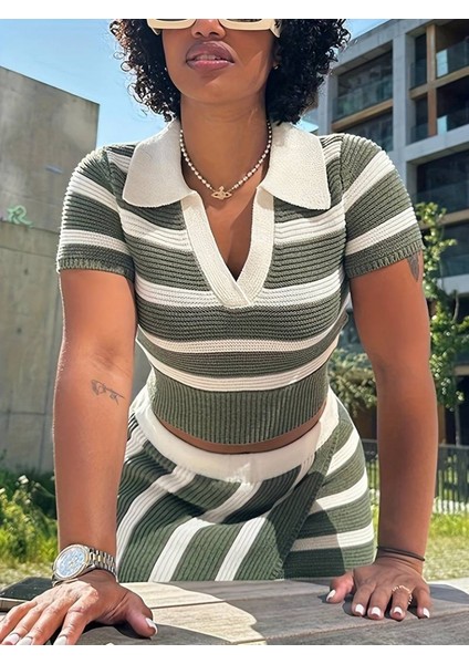 Alpaco Kadın Kısa Kollu Polo Yaka Crop Asimetrik Mini Triko Etek Ikili Takım -Collectıon indirimleri