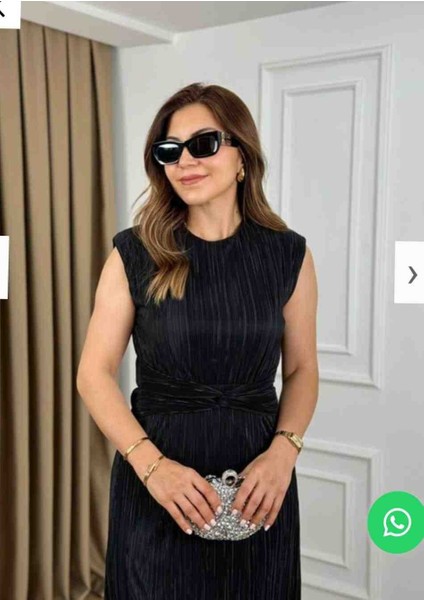 Kadın Siyah Pliseli Sıfır Kol Bağlama Detaylı Elbise fiyatları
