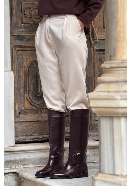 Lizbon Kahve Raşel Rustik Desen Yuvarlak Burun Düz Taban Kadın Çizme modelleri