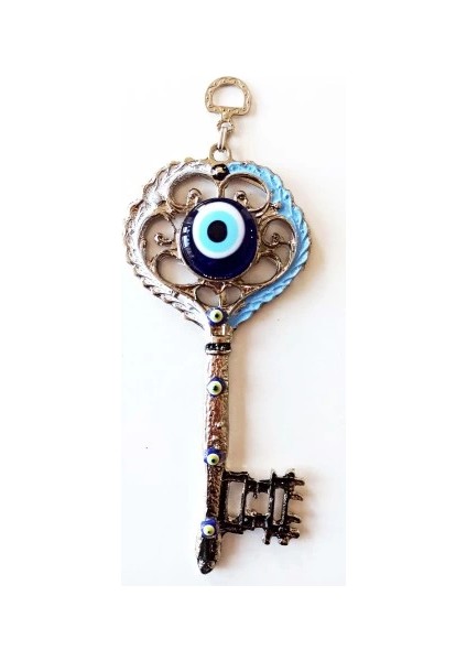 Gümüş Kaplama Nazar Boncuklu Beyaz ve Mavi Nostaljik Anahtar Şekilli Duvar Süsü fiyatları