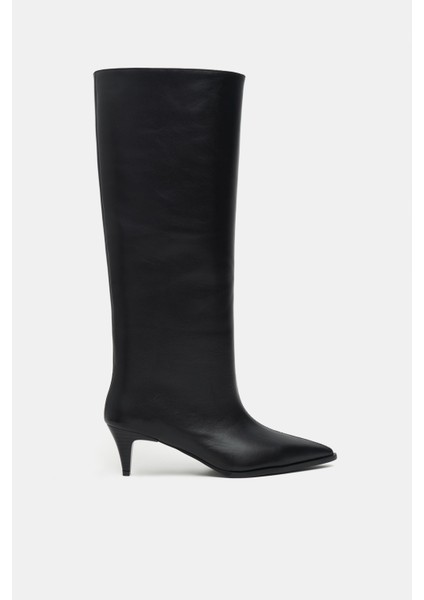 Jolie Siyah Mat Hakiki Deri Sivri Burun Kadın Topuklu Çizme