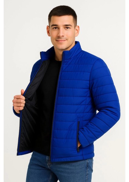 Erkek Bomber Mont Ceket - Su Itici Kumaş, Kapitone Astarlı, Fermuarlı, Kışlık - Saks Mavisi