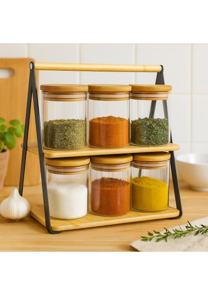 300 cc Borosilikat 12 Lı Standlı-Bambu Kapaklı Baharatlık Seti