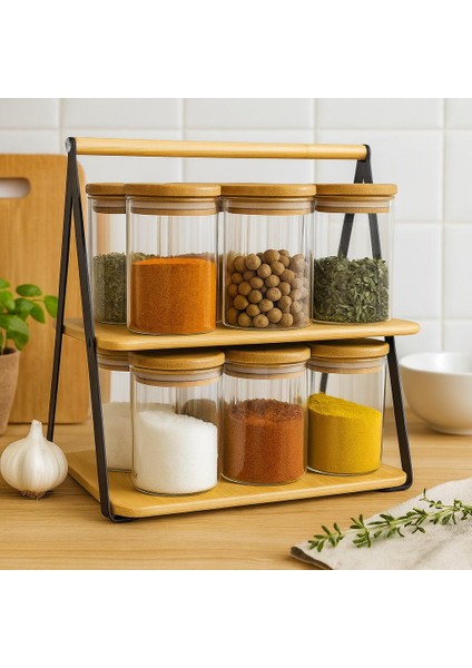 300 cc Borosilikat 12 Lı Standlı-Bambu Kapaklı Baharatlık Seti fiyatları