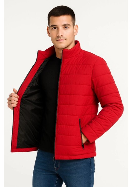Erkek Bomber Mont Ceket - Su Itici Kumaş, Kapitone Astarlı, Fermuarlı, Kışlık - Kırmızı