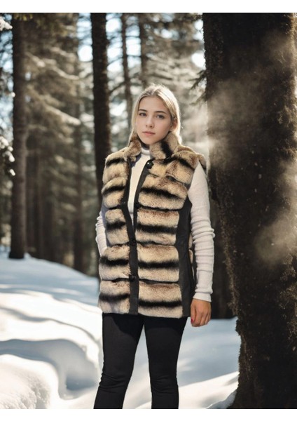 Kadın Kolsuz Hakiki Deri Kürk - Siyah