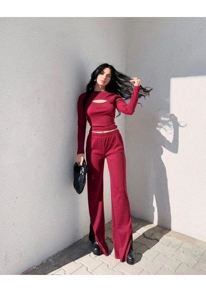 Pencereli Detaylı Alt Üst Takım Bordo W3864 modelleri