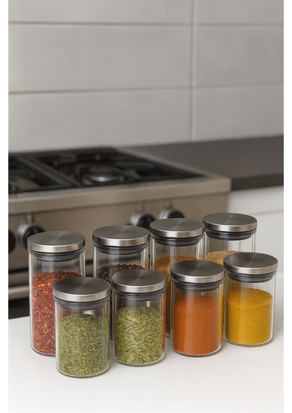 8 Lı Baharatlık Setı 70 x 100-70 x 160 Metal Kapak-Cam Baharatlık-Borosilikat
