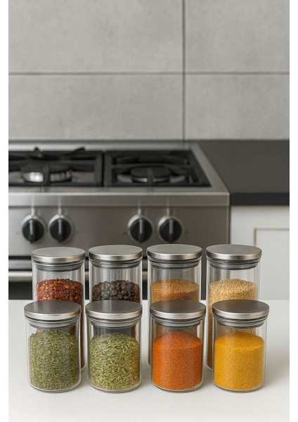 8 Lı Baharatlık Setı 70 x 100-70 x 160 Metal Kapak-Cam Baharatlık-Borosilikat modelleri