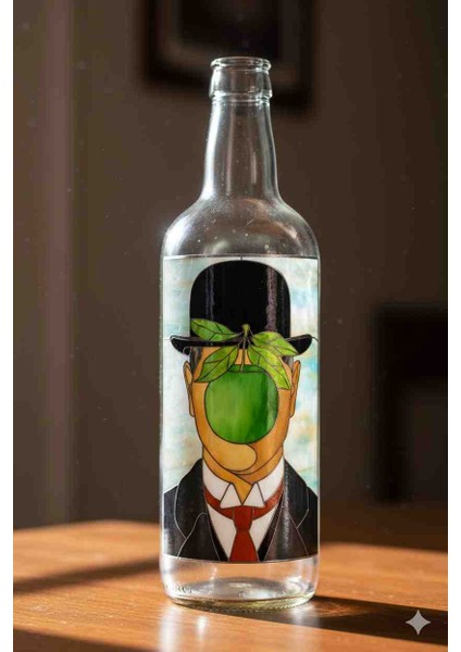 Sanat Temalı Şişe Lamba – René Magritte “insanoğlu” Tasarımlı Pilli LED Işıklı Dekoratif Masa Lambası