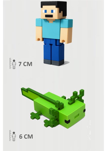 Minecraft Steve ve Yeşil Aksolotl Axolotl Set Hareketli Eklemli Figür